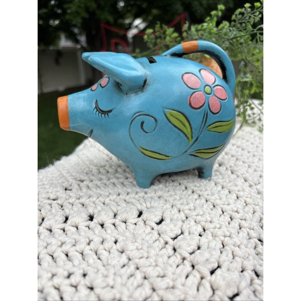 Vintage Hand Painted Blue Orange Pink Pottery Piggy Pig Bank w/ Stopper